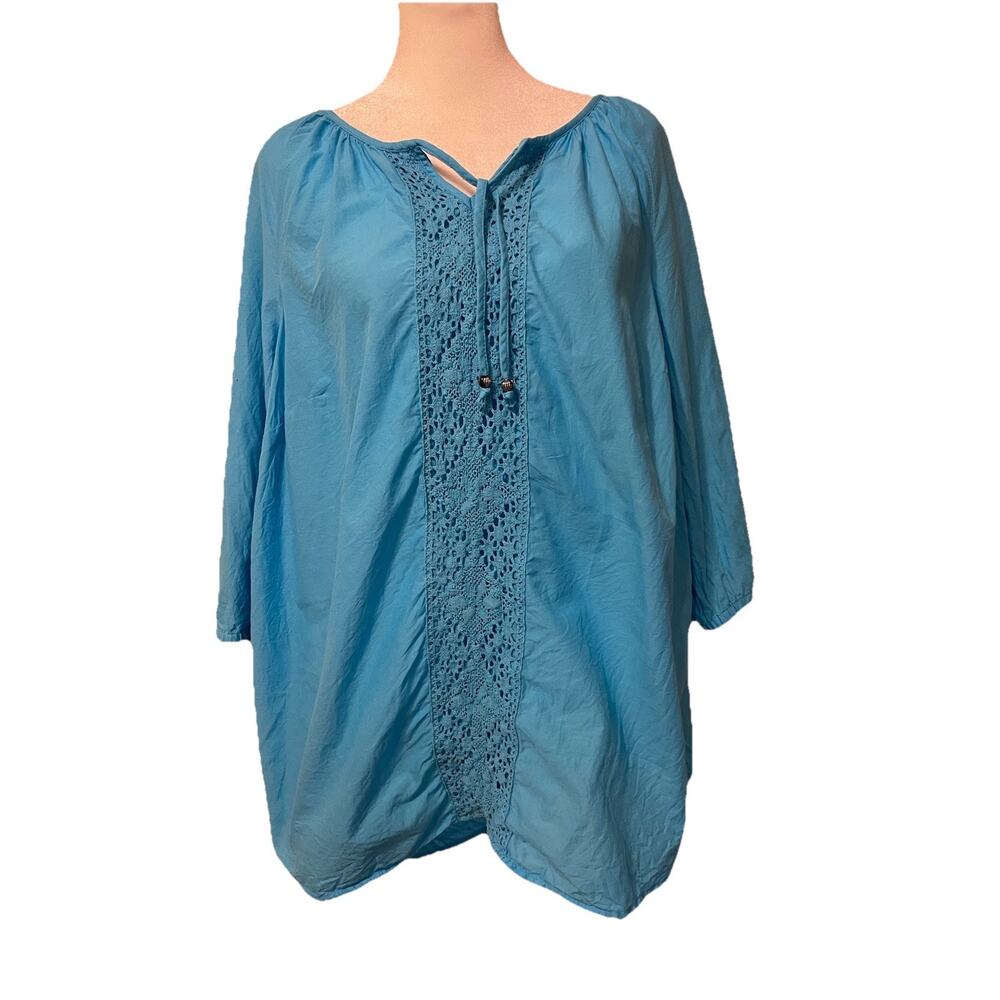 Catherines Pool Blue Boho Peasant Tunic Top 100% Cotton 0X